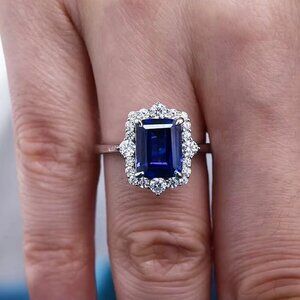 14k White Gold Blue Sapphire Diamond Ring Band Emerald Cut